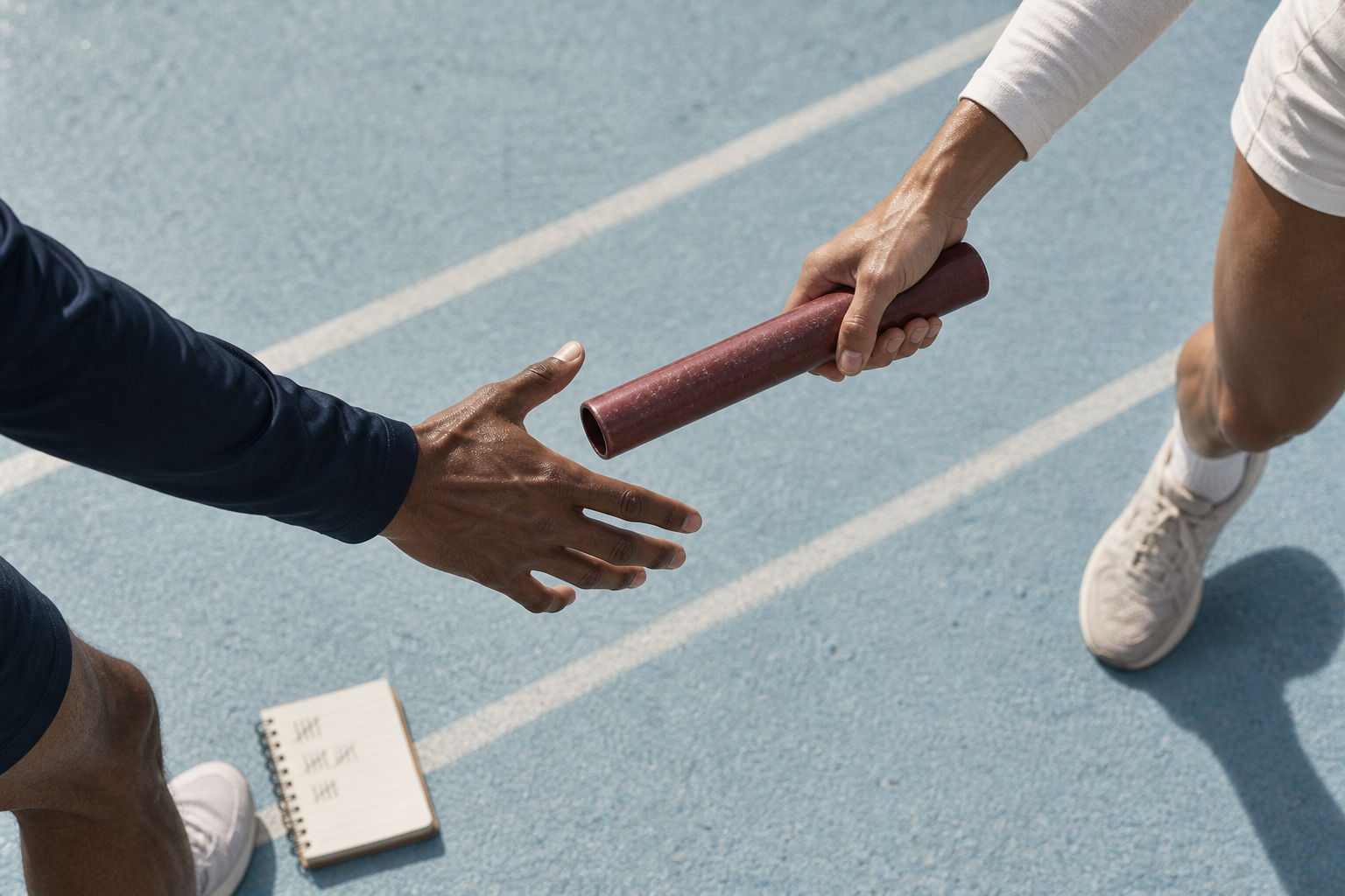 Two athletes passing a burgundy baton over a pale blue running track